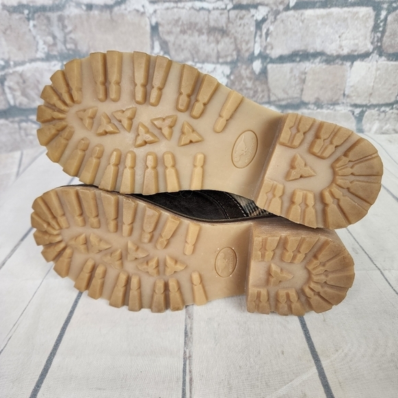 Rocket Dog Chunky Ankle Boot Lace Up Vegan Leather Plaid Fabric Size 6 1/2 Brown - Picture 11 of 12